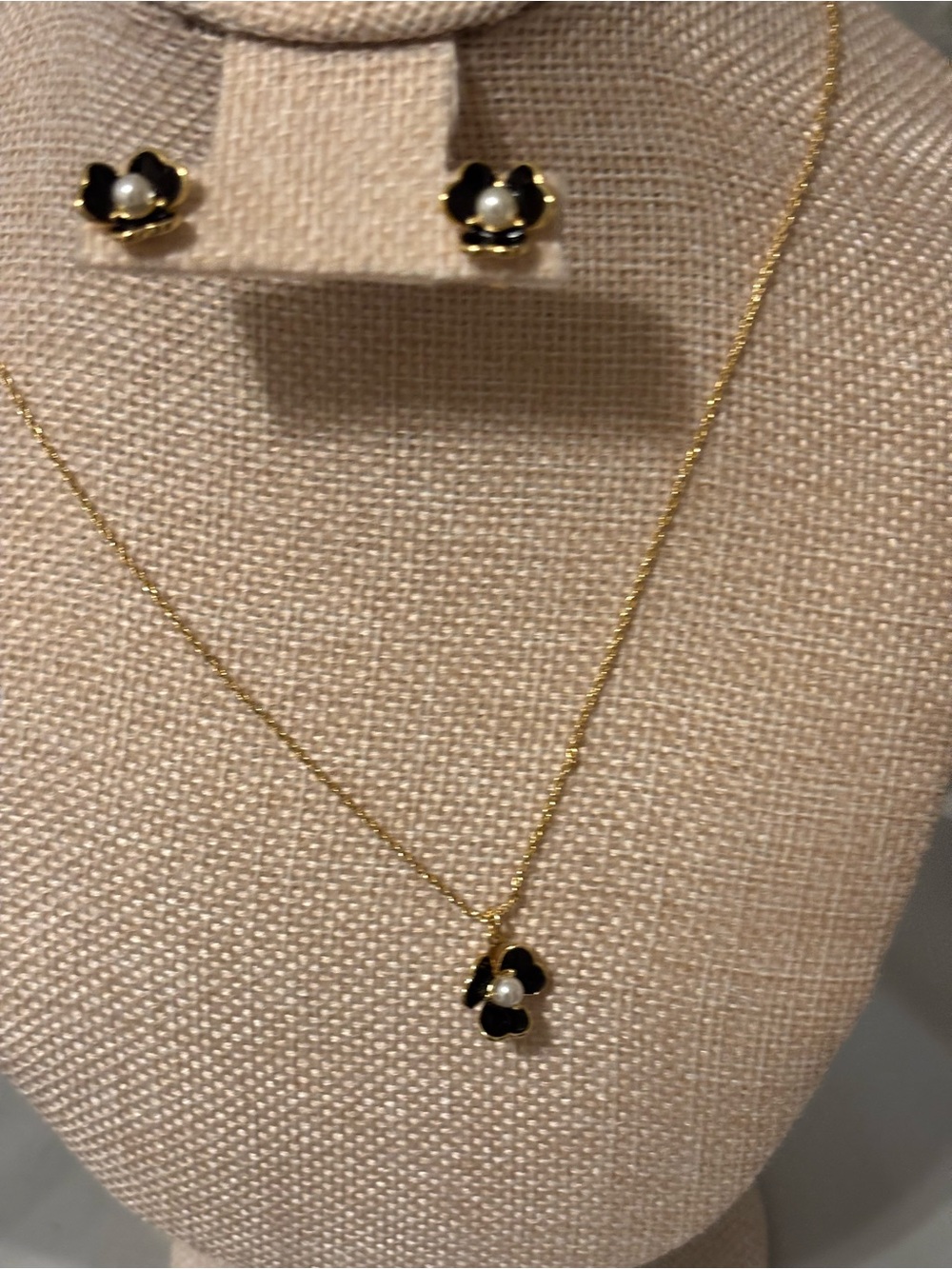 kate spade Gold-Tone Necklace and Stud Set with Black Enamel and Pearl